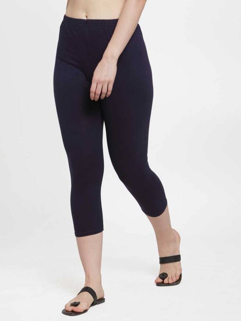 Stylish Leggings Solid Skin Fit Navy Blue Cotton Spandex Capri For Women & Girls