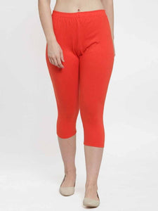 Stylish Leggings Solid Skin Fit Orange Cotton Spandex Capri For Women & Girls