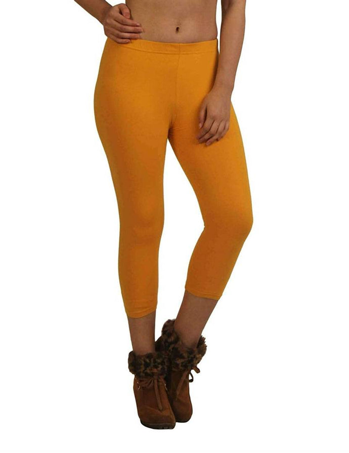 Stylish Leggings Solid Skin Fit Mustard Cotton Spandex Capri For Women & Girls