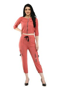 Stylish Polyester Solid Zipped Top With Pant Set