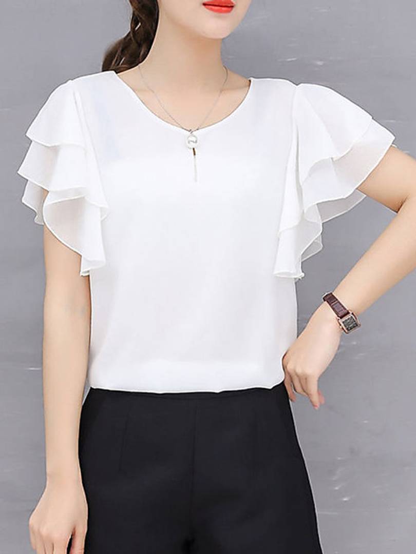 Women White Ruffle Sleeve Neck Button Top