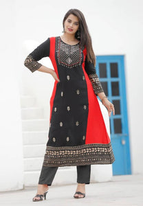 Alluring Black Embroidered Rayon Kurta Pant Set For Women