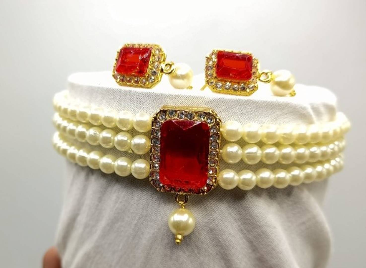 Shimmering Red Gold Plated Brass And Copper Beads Necklace and Earrings For Women