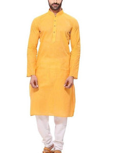 Cotton Blend Mandarin Collar Solid Yellow Knee Length Stitched Kurta