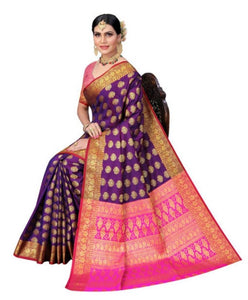 Women's Pure Zari Printed Banarasi Cotton Silk Kanjeevaram Sari With Matching Unstitch Blouse Piece(Sari Length 5.5 Metre, Blouse Length 0.8 Metre)