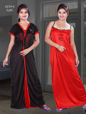 Red And Black Comfy Satin Night Dress Set For Women