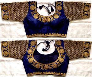 Stylish Phantom Silk Navy Blue Embroidered Blouse For Women