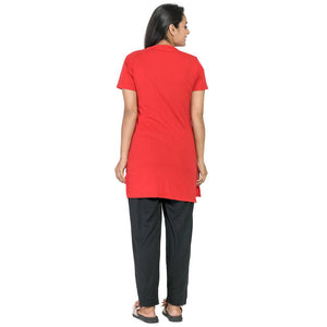 Stylish Cotton Blend Red Printed Round Neck Short Sleeves Long Top For Women