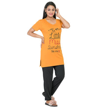 Load image into Gallery viewer, Stylish Cotton Blend Mustard Printed Round Neck Short Sleeves Long Top For Women