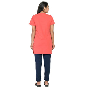 Stylish Cotton Blend Red Printed Round Neck Short Sleeves Long Top For Women