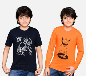 Boys T-Shirt Combo Pack | Unisex Kids T-Shirt Combo Set| Regular Fit Round Neck Stylish Printed Tees | Cotton Blend, 2 Pcs, Navy Blue & Orange