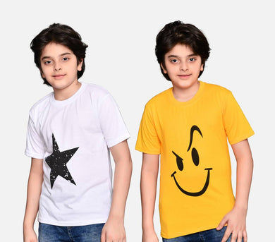 Boys T-Shirt Combo Pack | Unisex Kids T-Shirt Combo Set| Regular Fit Round Neck Stylish Printed Tees | Cotton Blend, 2 Pcs, Yellow & White