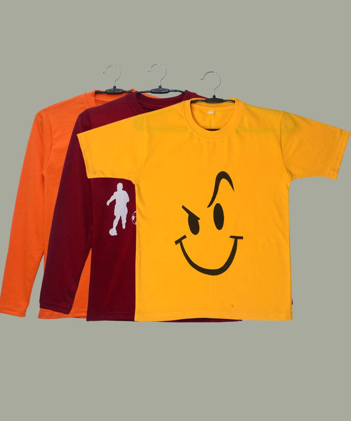 Boys T-Shirt Combo Pack | Unisex Kids T-Shirt Combo Set| Regular Fit Round Neck Stylish Printed Tees | Cotton Blend, 3 Pcs, Orange, Yellow & Grey