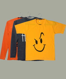 Boys Tshirt Combo Pack  Unisex Kids T-Shirt Combo Set Regular Fit Round Neck Stylish Printed Tees  Cotton Blend, 3 Pcs, Dark Grey, Yellow & Orange