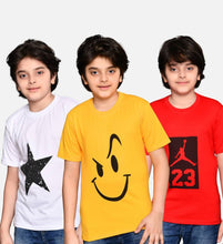 Load image into Gallery viewer, Boys Tshirt Combo Pack  Unisex Kids T-Shirt Combo Set Regular Fit Round Neck Stylish Printed Tees  Cotton Blend, 3 Pcs, White, Red &amp; Yellow