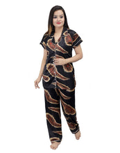 Load image into Gallery viewer, Fashionable Attractive Black Satin Printed Night Shirt with Pyjama For Women