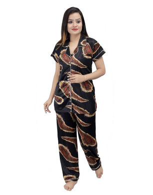 Fashionable Attractive Black Satin Printed Night Shirt with Pyjama For Women