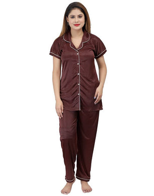 Fashionable Attractive Coffee Satin Printed Night Shirt with Pyjama For Women