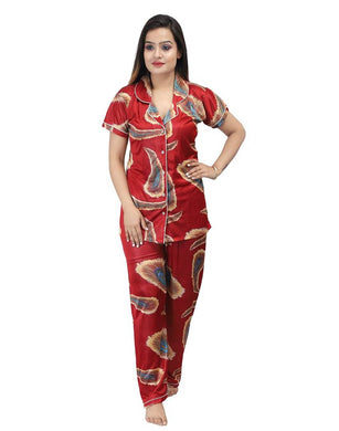Fashionable Attractive Red Satin Printed Night Shirt with Pyjama For Women