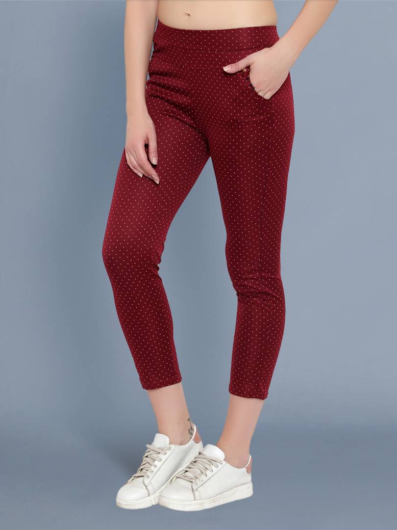 Cotton Lycra Maroon Black Polka Dot Womens Trouser Pant-Pack Of 2