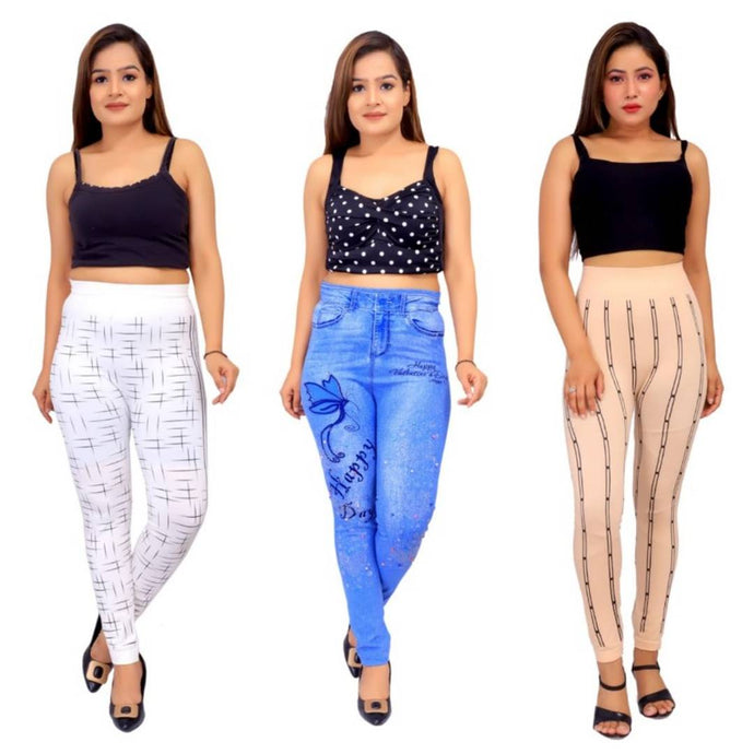 Cotton Blend Printed Jeggings Combo Of 3
