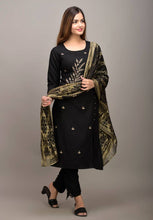 Load image into Gallery viewer, Women Rayon Embroidery Work Black Kurta Pant With Dupatta Set