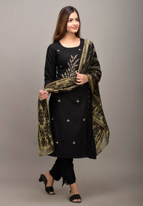 Women Rayon Embroidery Work Black Kurta Pant With Dupatta Set
