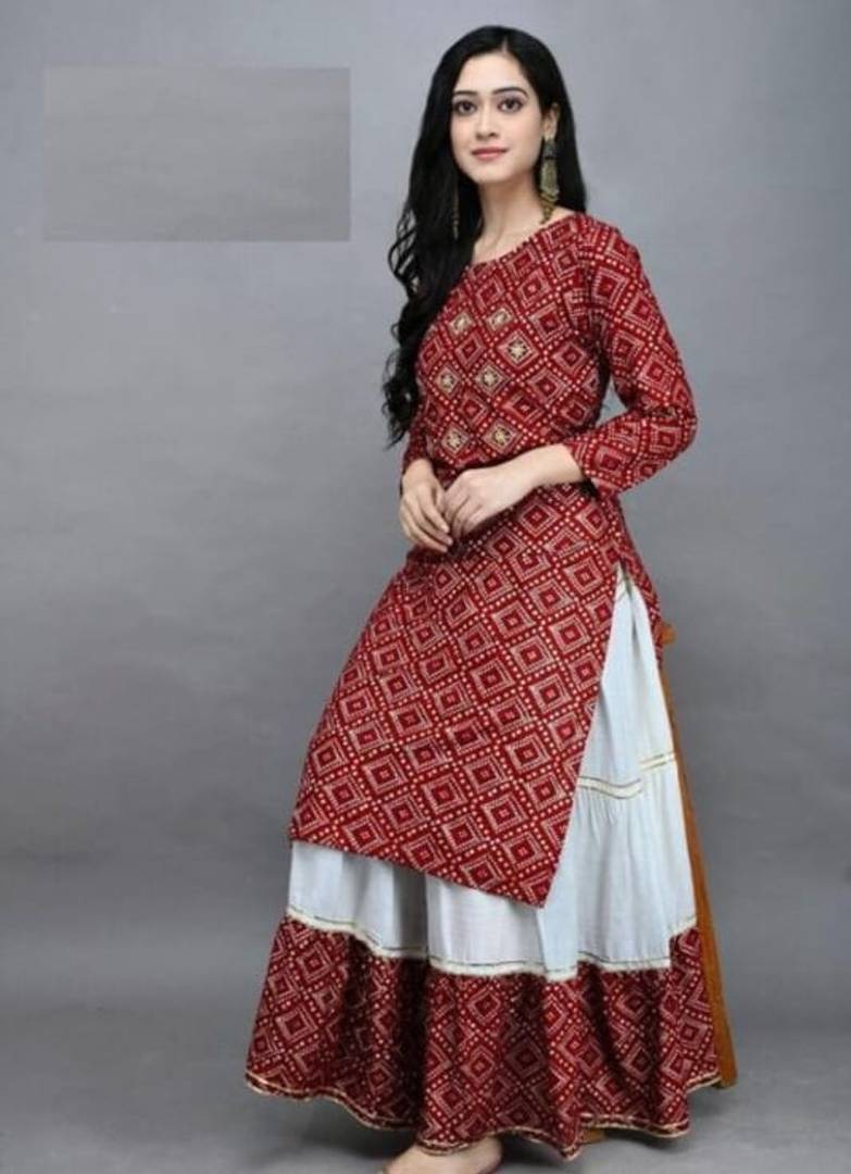 Stylish Rayon Printed Round Neck 3/4 Sleeves Kurta With Sharara Set For Women