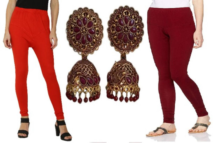 Combo Pack Churidar Legging Combination Red & Maroon with Earrings