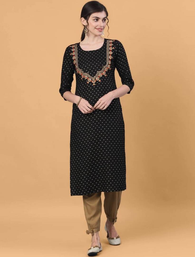 Stylish Rayon Black Embroidered 3/4 Sleeves Round Neck Kurta For Women