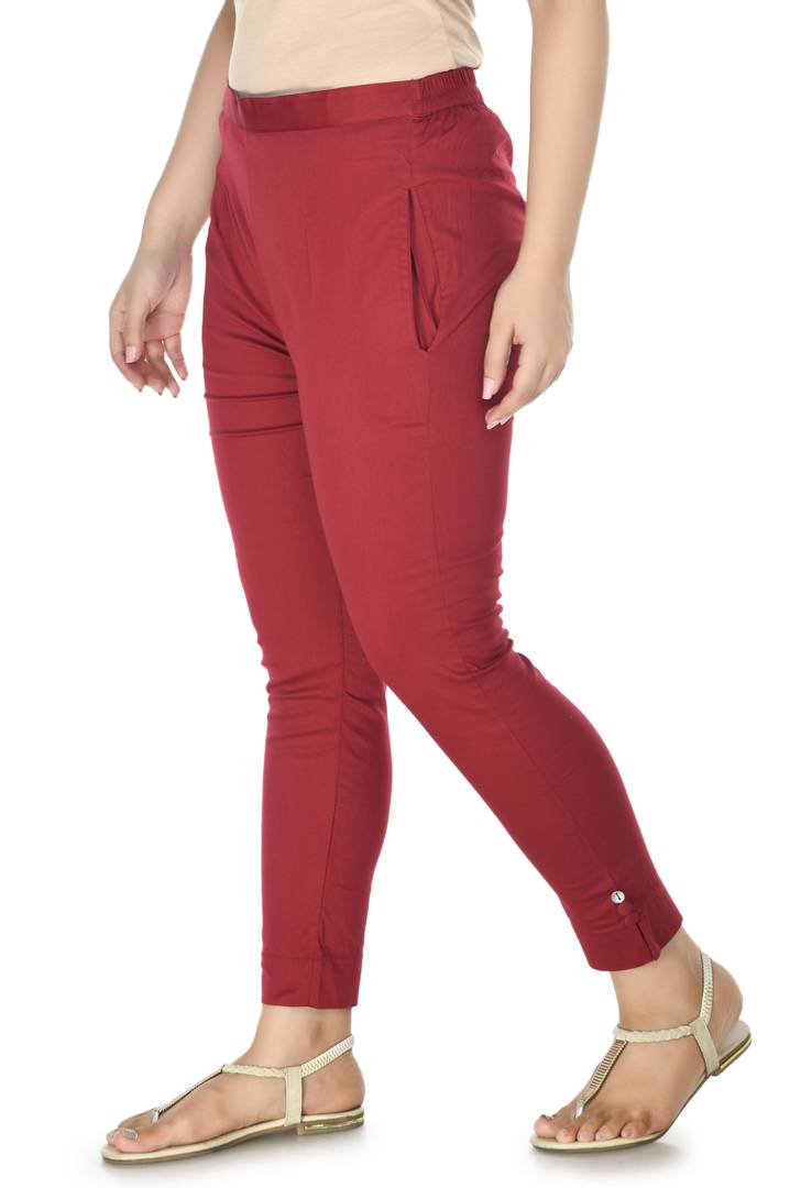 Stylish Cotton Maroon Solid Slim Fit Elasticated Waist Ethnic Pant For Women
