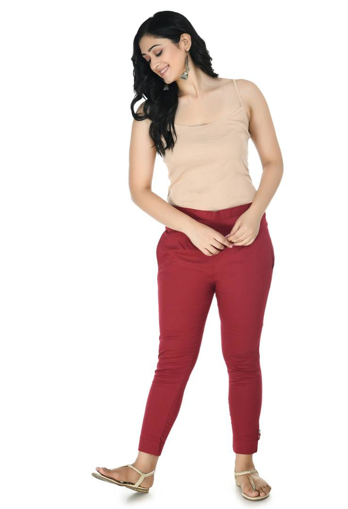 Stylish Cotton Maroon Solid Slim Fit Elasticated Waist Ethnic Pant For Women