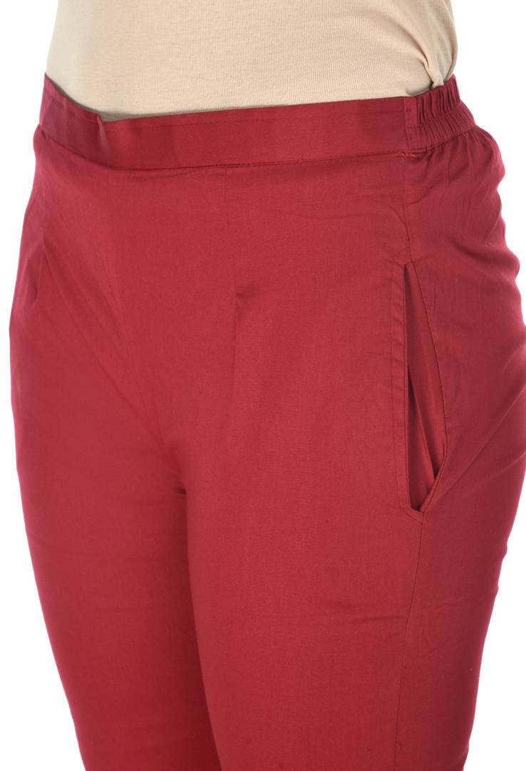 Stylish Cotton Maroon Solid Slim Fit Elasticated Waist Ethnic Pant For Women