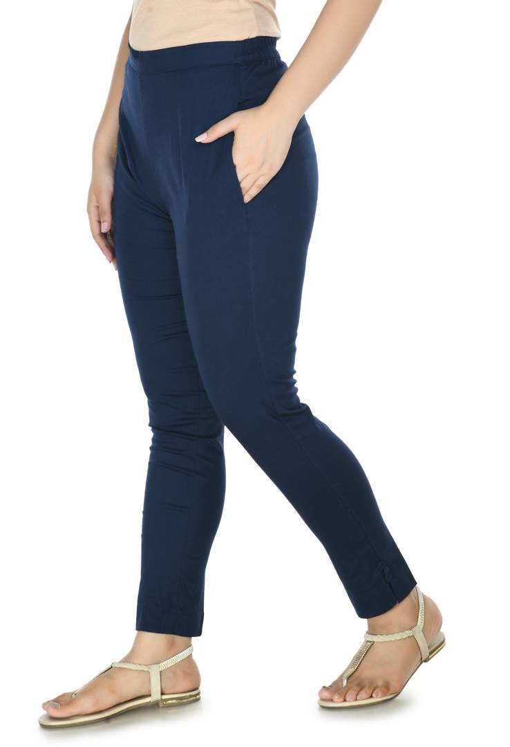 Stylish Cotton Navy Blue Solid Slim Fit Elasticated Waist Ethnic Pant For Women