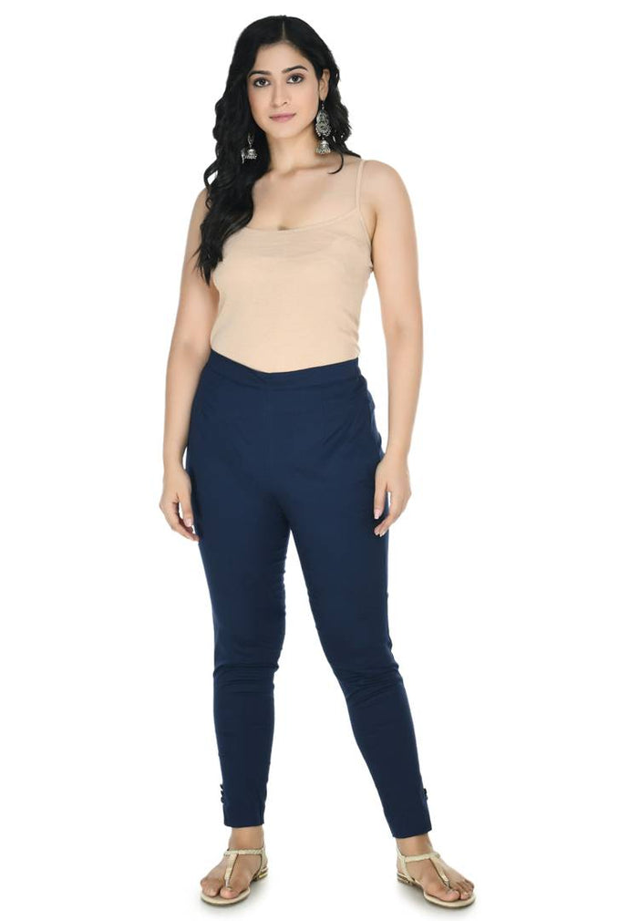 Stylish Cotton Navy Blue Solid Slim Fit Elasticated Waist Ethnic Pant For Women