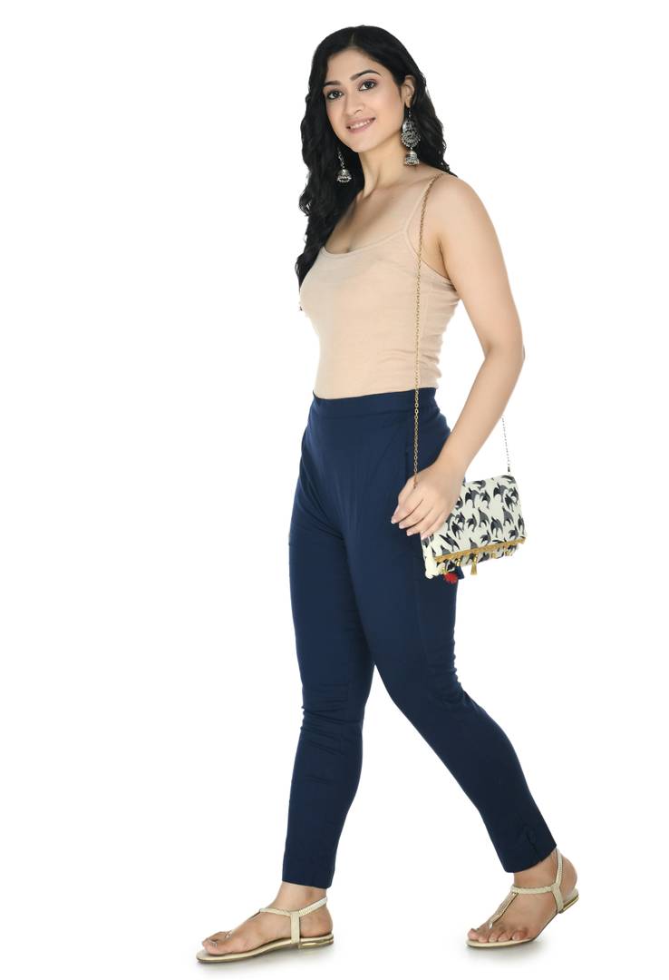 Stylish Cotton Navy Blue Solid Slim Fit Elasticated Waist Ethnic Pant For Women