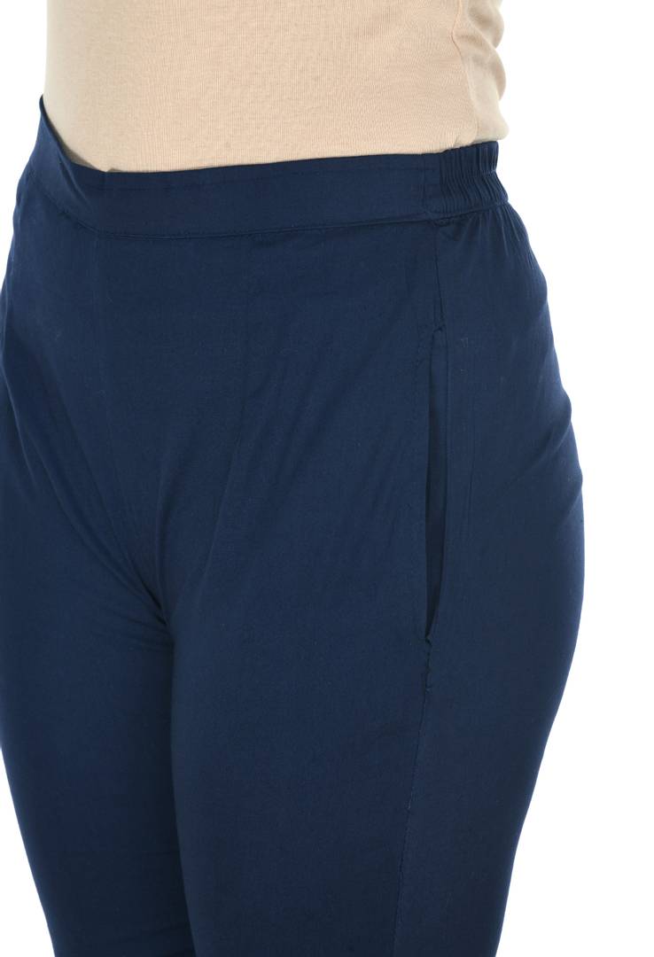 Stylish Cotton Navy Blue Solid Slim Fit Elasticated Waist Ethnic Pant For Women