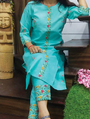 Fashion Sky Blue Printed and Embroidered Cotton Kurta With Pant
