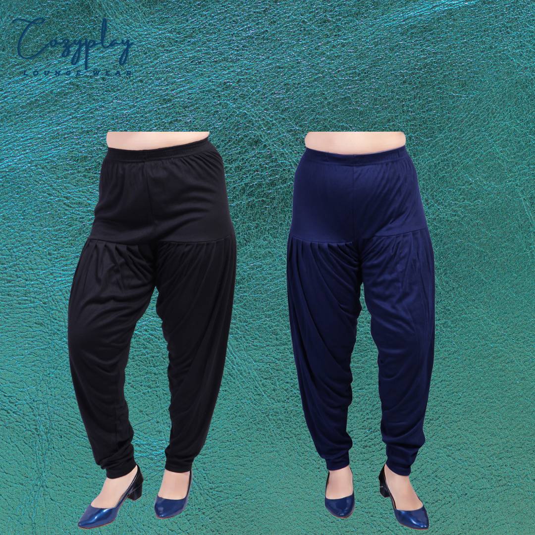 Elegant Cotton Lycra Black & Navy Blue Solid Patiala Salwar ( Pack Of 2 )