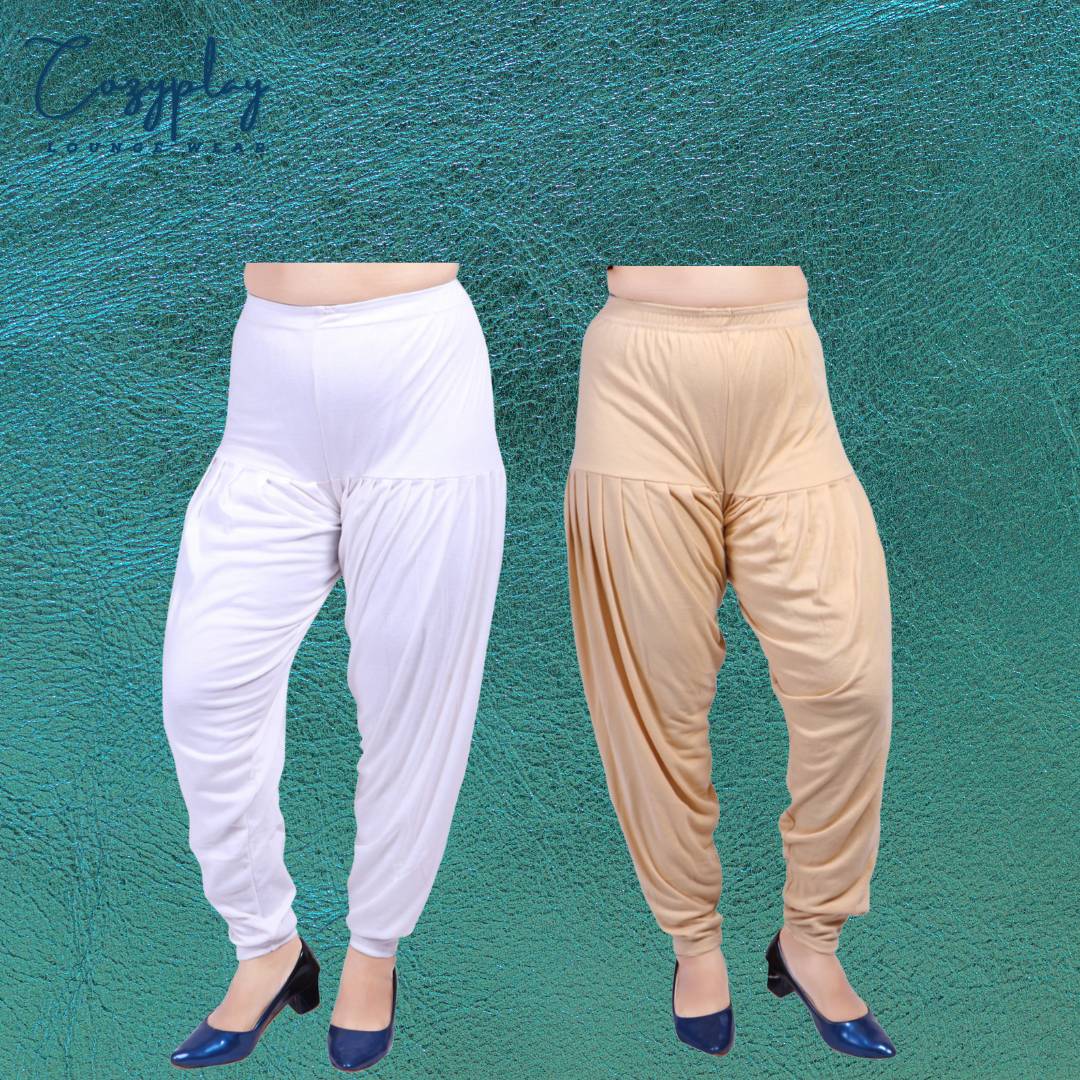 Elegant Cotton Lycra White & Beige Solid Patiala Salwar ( Pack Of 2 )