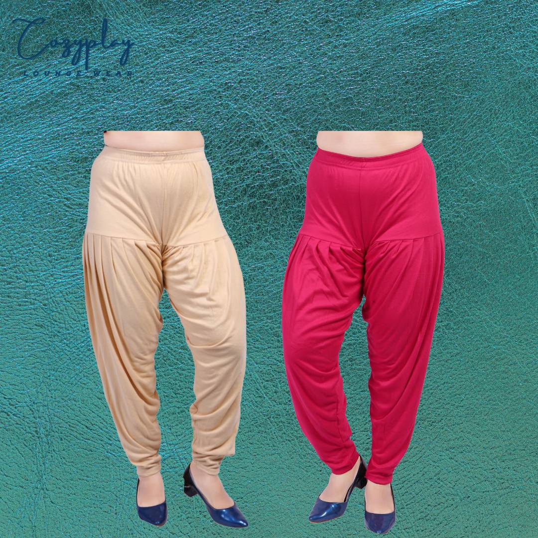 Elegant Cotton Lycra Rani & Beige Solid Patiala Salwar ( Pack Of 2 )