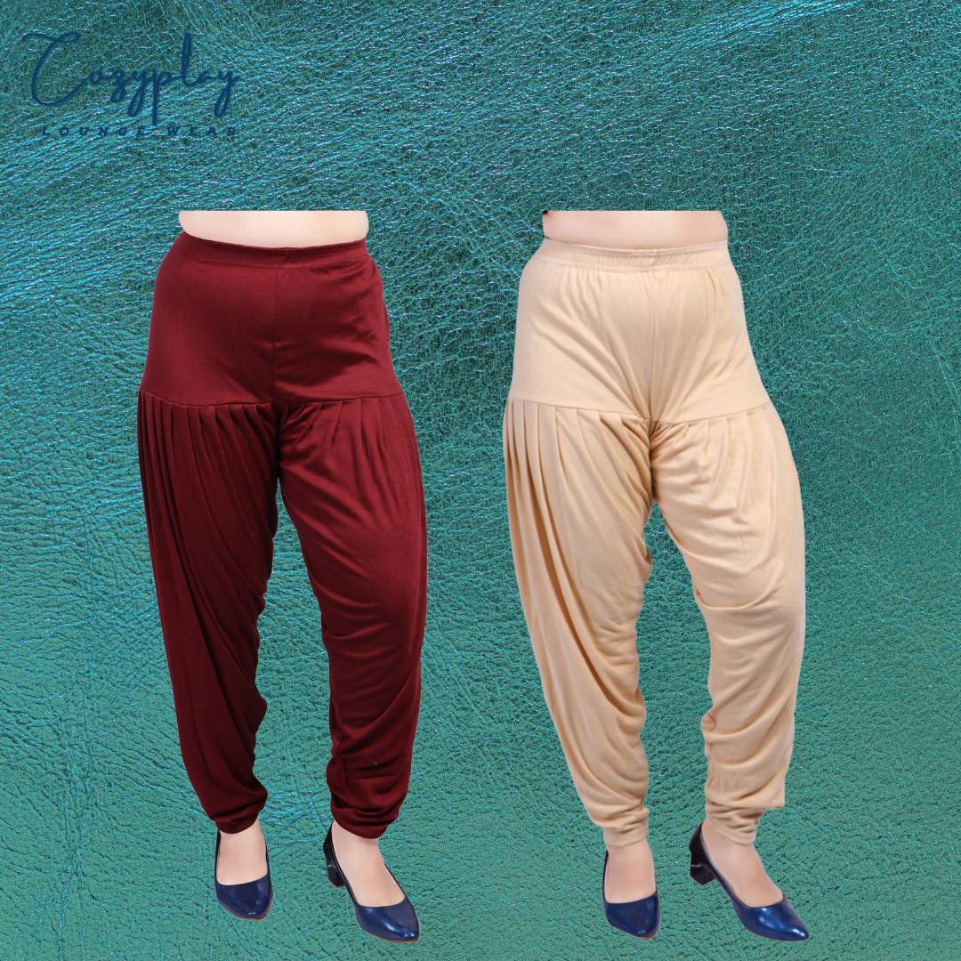 Elegant Cotton Lycra Maroon & Beige Solid Patiala Salwar ( Pack Of 2 )