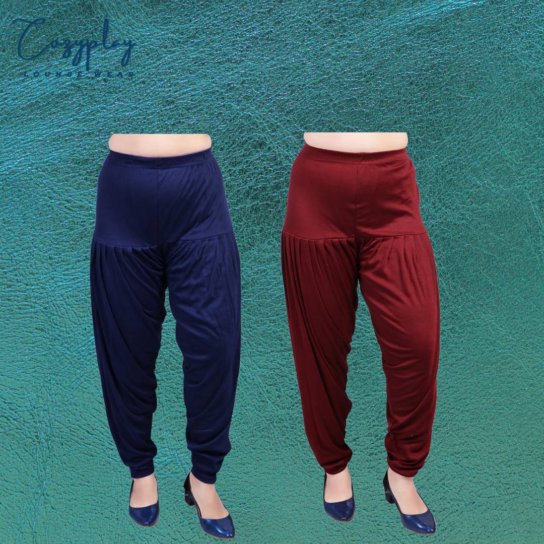 Elegant Cotton Lycra Maroon & Navy Blue Solid Patiala Salwar ( Pack Of 2 )
