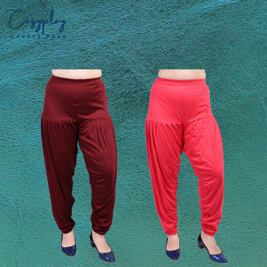 Elegant Cotton Lycra Maroon & Gajri Solid Patiala Salwar ( Pack Of 2 )