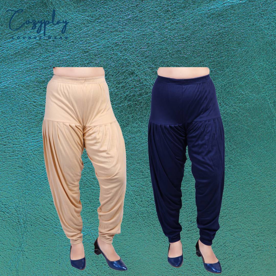 Elegant Cotton Lycra Beige & Navy Blue Solid Patiala Salwar ( Pack Of 2 )