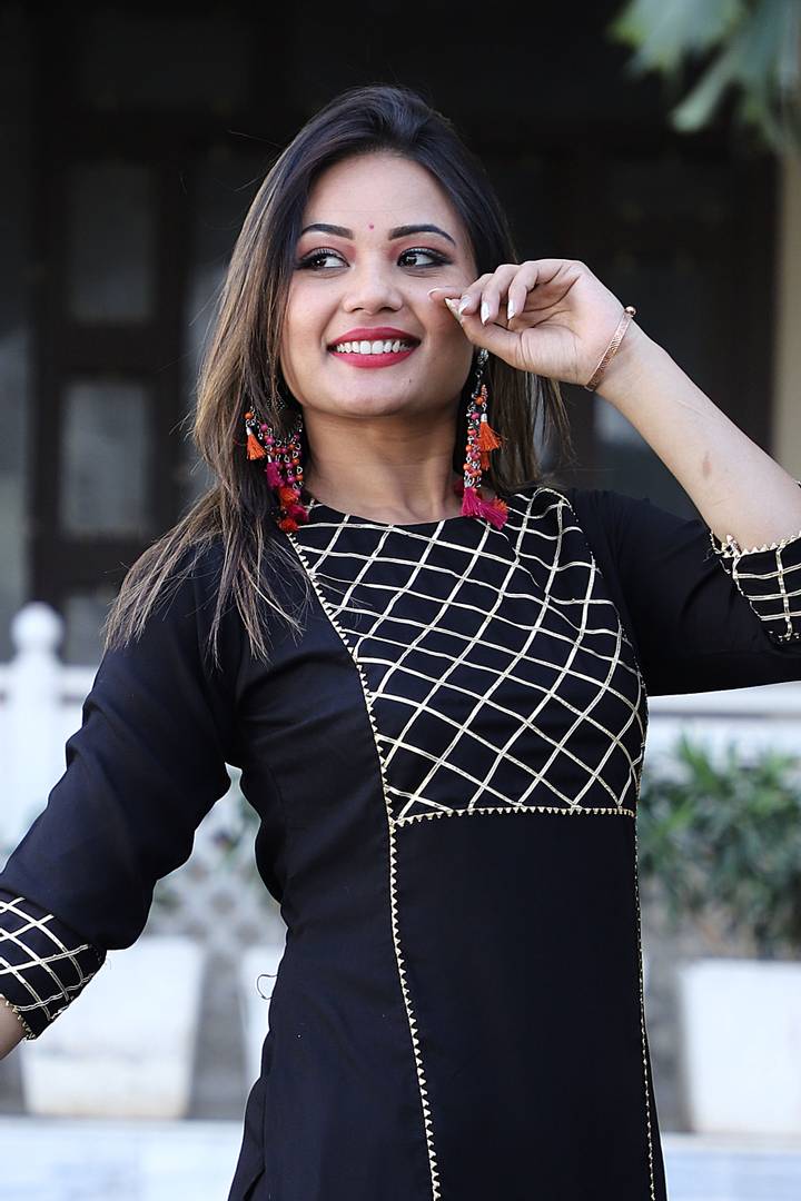 Reliable Black Rayon Gota Work Straight Kurta with Pant And Dupatta For Women