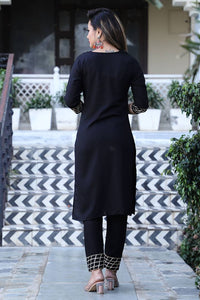 Reliable Black Rayon Gota Work Straight Kurta with Pant And Dupatta For Women