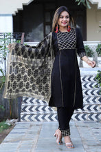 Load image into Gallery viewer, Reliable Black Rayon Gota Work Straight Kurta with Pant And Dupatta For Women