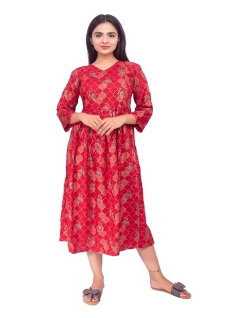 Stylish Rayon Red Printed 3/4 Sleeves Mternity Kurta For Women