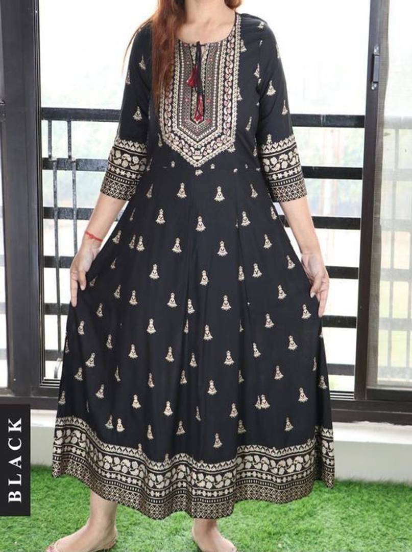 Stylish Rayon Black Printed Anarkali Kurta For Women